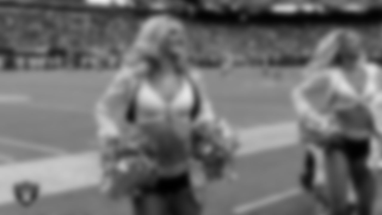 Raiderette Jessica performs on the sidelines during the preseason home game against the San Francisco 49ers at Allegiant Stadium.