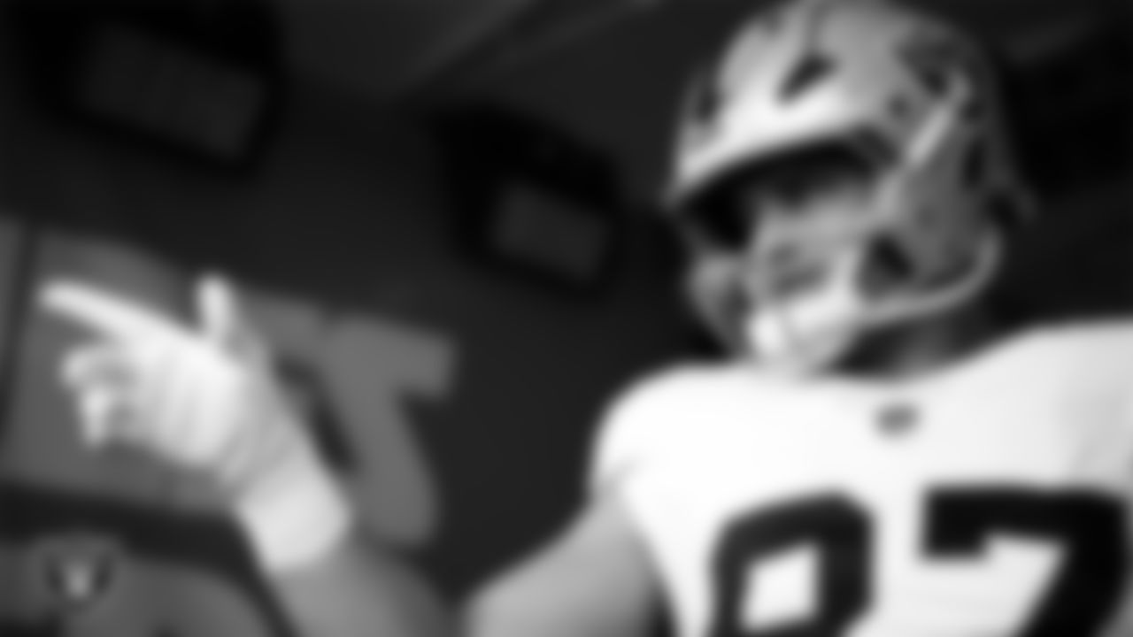 Las Vegas Raiders tight end Michael Mayer (87) walks down the tunnel before the regular season away game against the Kansas City Chiefs at GEHA Field at Arrowhead Stadium.