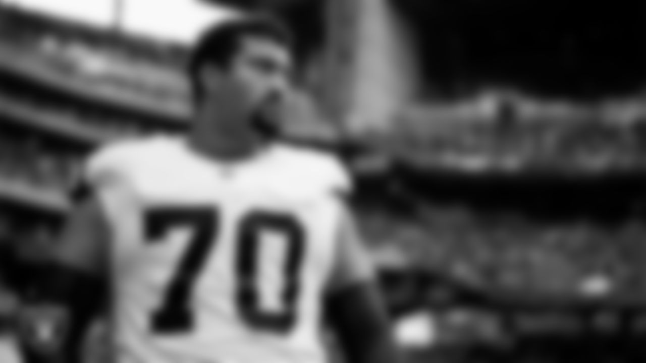Las Vegas Raiders offensive lineman Stone Forsythe (70) on the sidelines before the regular season away game against the Houston Texans at NRG Stadium.
