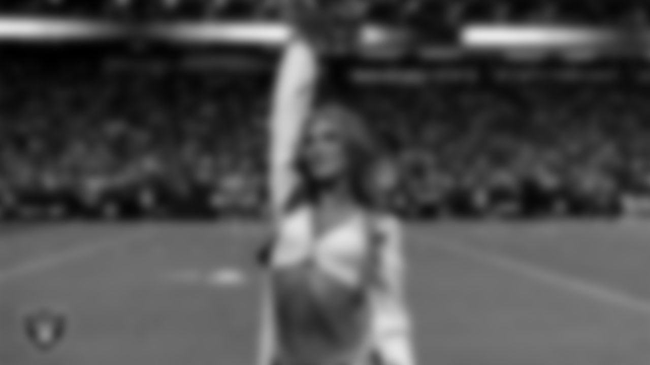 Raiderette Shelby on the sidelines during the regular season home game against the Dallas Cowboys at Allegiant Stadium.