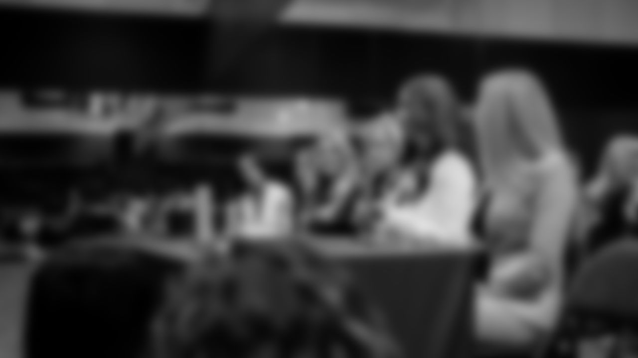 Raiderettes alumnae Maddie speaks to dancers during a recruitment clinic at The Studio.