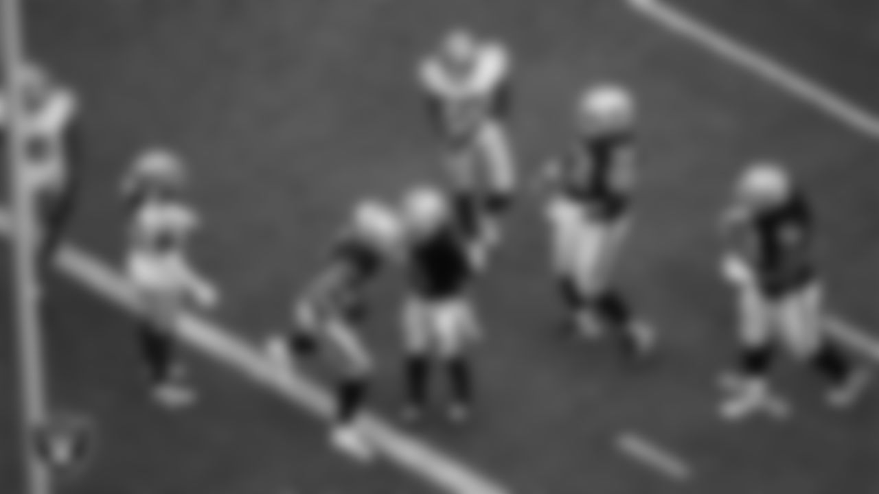 Las Vegas Raiders tight end Michael Mayer (87) celebrates with wide receiver Tre Tucker (1) after making a first down during the preseason home game against the San Francisco 49ers at Allegiant Stadium.