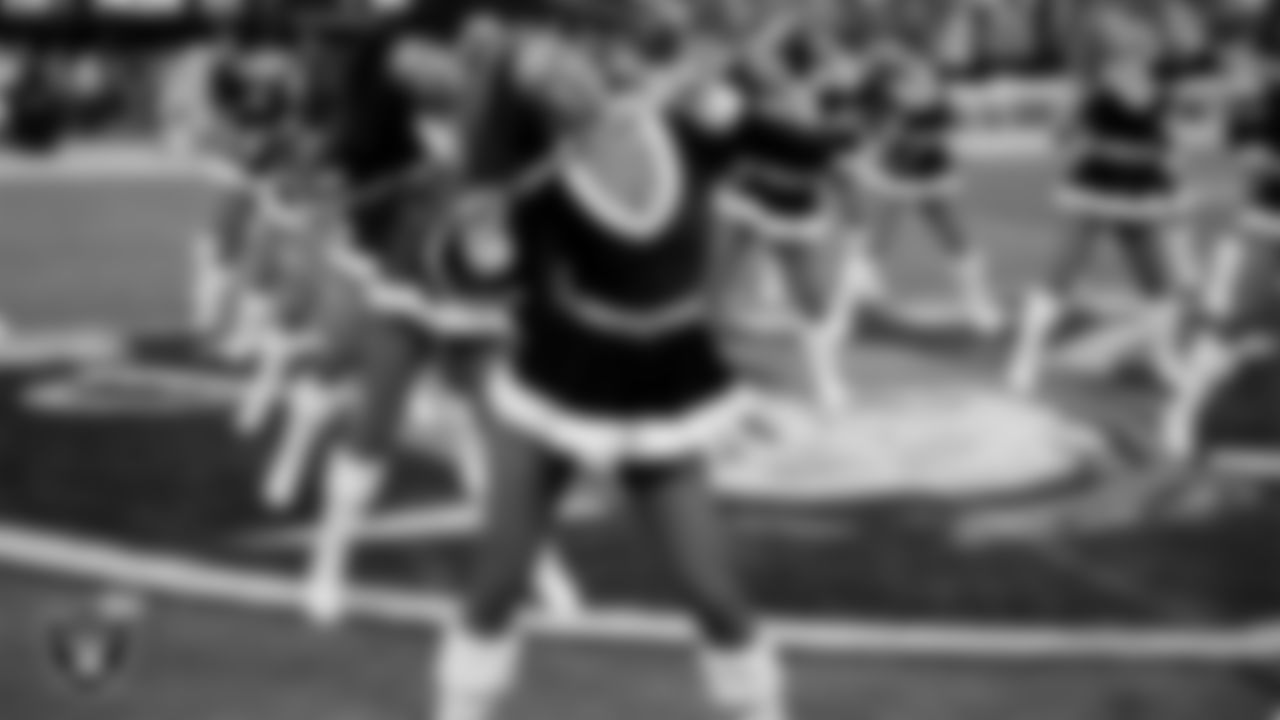 Raiderette Raegen performs on the field before the regular season home game against the New York Giants at Allegiant Stadium.