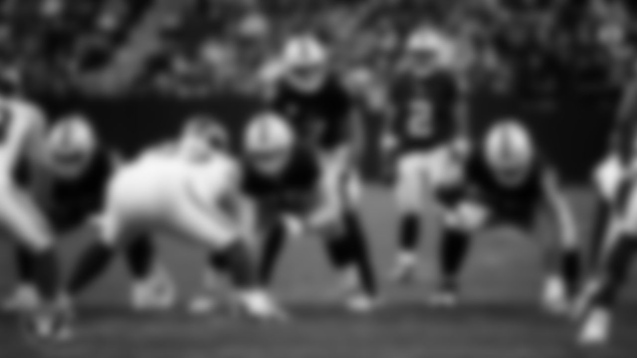 The Las Vegas Raiders offense lines up before the snap during the regular season home game against the New York Giants at Allegiant Stadium.