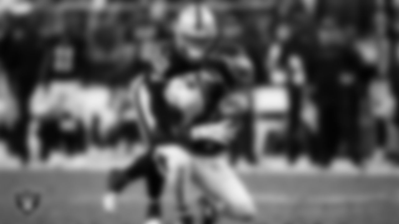 Las Vegas Raiders safety Dallin Leavitt (32) makes a tackle during the regular season home game against the Philadelphia Eagles at Allegiant Stadium, Sunday, October 24, 2021, in Las Vegas, Nev.