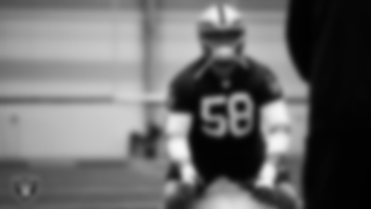 Las Vegas Raiders center Jackson Powers-Johnson (58) during practice at Intermountain Health Performance Center.