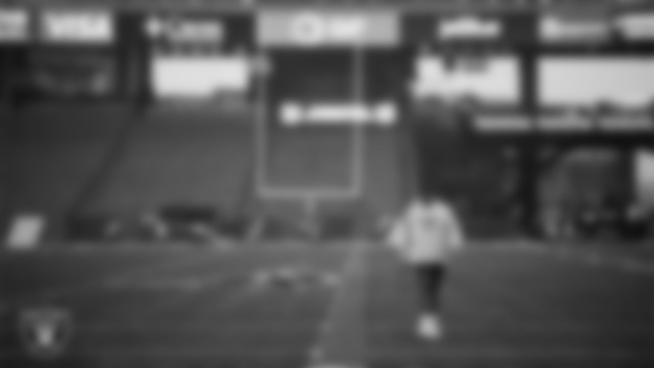 Las Vegas Raiders offensive lineman Stone Forsythe (70) warming up before the regular season away game against the New England Patriots at Gillette Stadium.