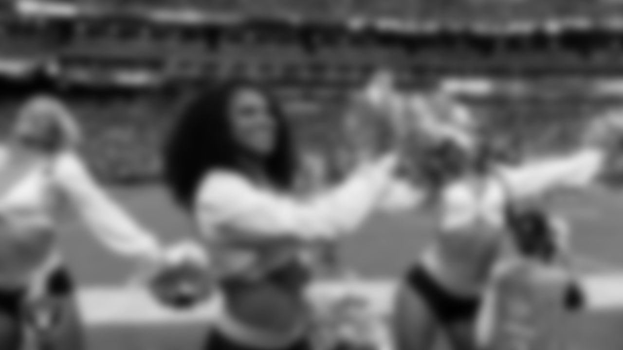 Raiderette Shayla on the sidelines during the regular season home game against the Jacksonville Jaguars at Allegiant Stadium.