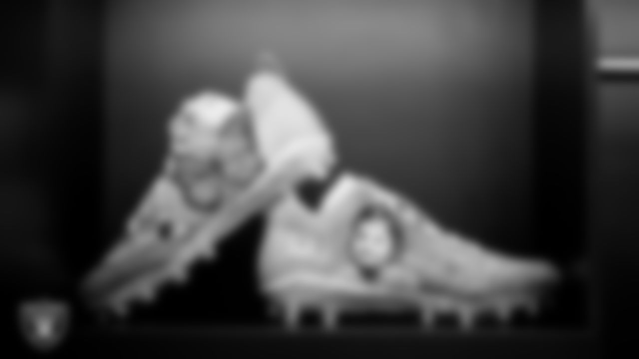Cleats in the locker room prior to the Las Vegas Raiders' arrival for their regular season home game against the Cleveland Browns at Allegiant Stadium.