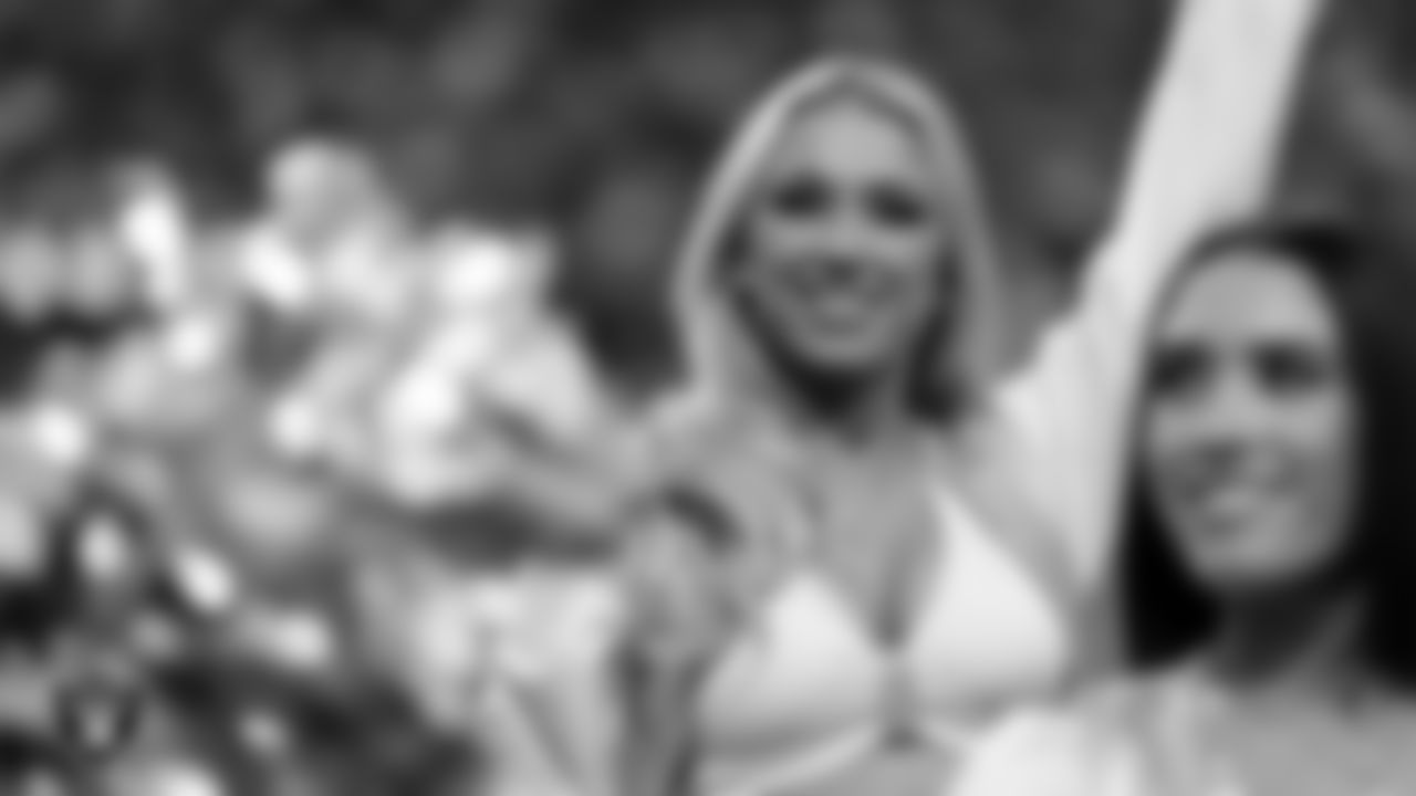 Raiderette Delaney on the sidelines during the regular season home game against the Denver Broncos at Allegiant Stadium.