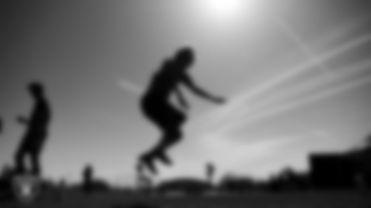 An athlete takes part in a drill after a partnership announcement between the Las Vegas Raiders and Clark County School District as a Silver and Black Flag Football league at the middle school level at Sig Rogich Middle School.