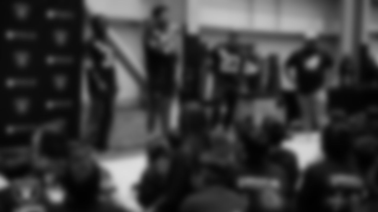 Las Vegas Raiders guard Caleb Rogers (76) speaks to students during the Raiders Jr. Training Camp x Camp Bruce Lee event at Intermountain Health Performance Center.