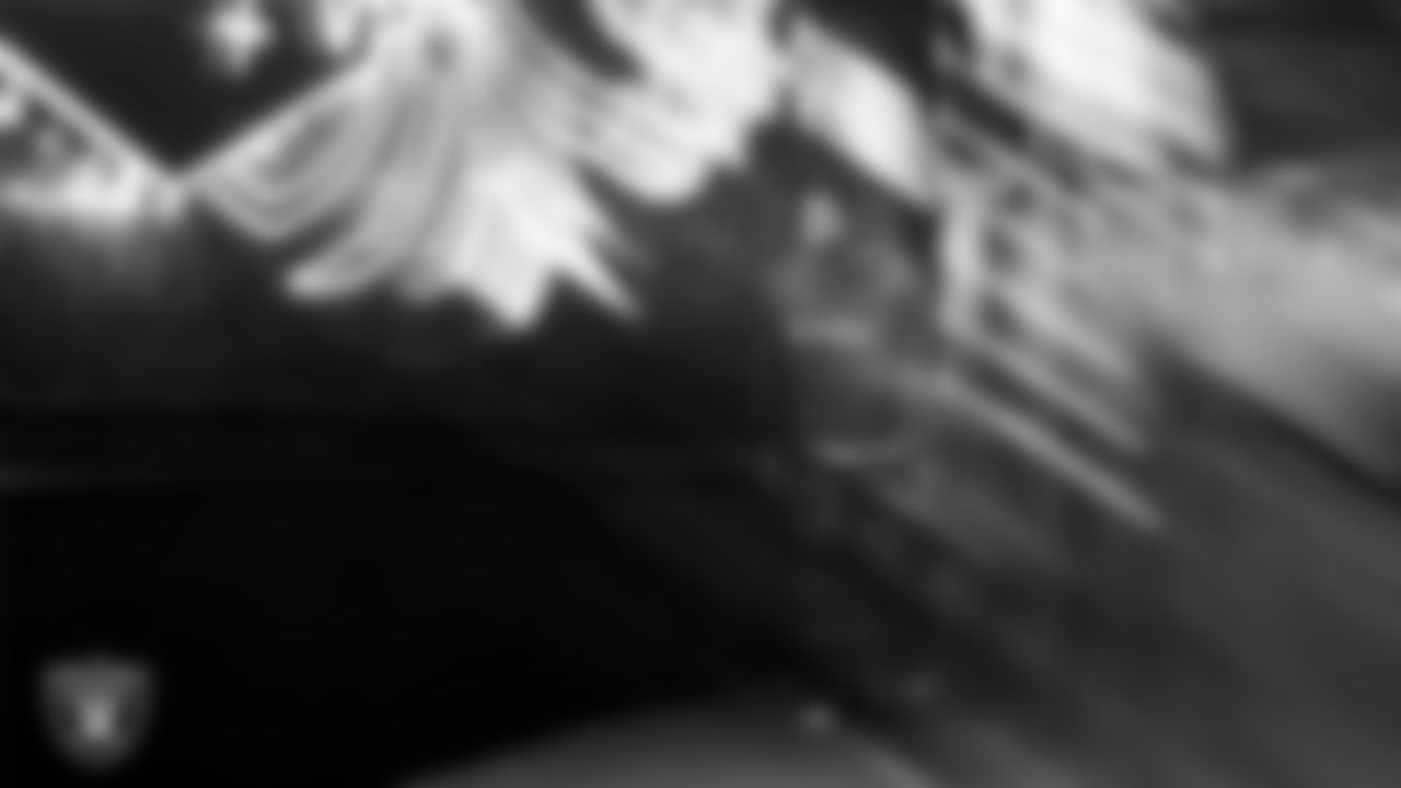 Las Vegas Raiders defensive tackle Jonah Laulu (96) arrives to the regular season home game against the Cleveland Browns at Allegiant Stadium.