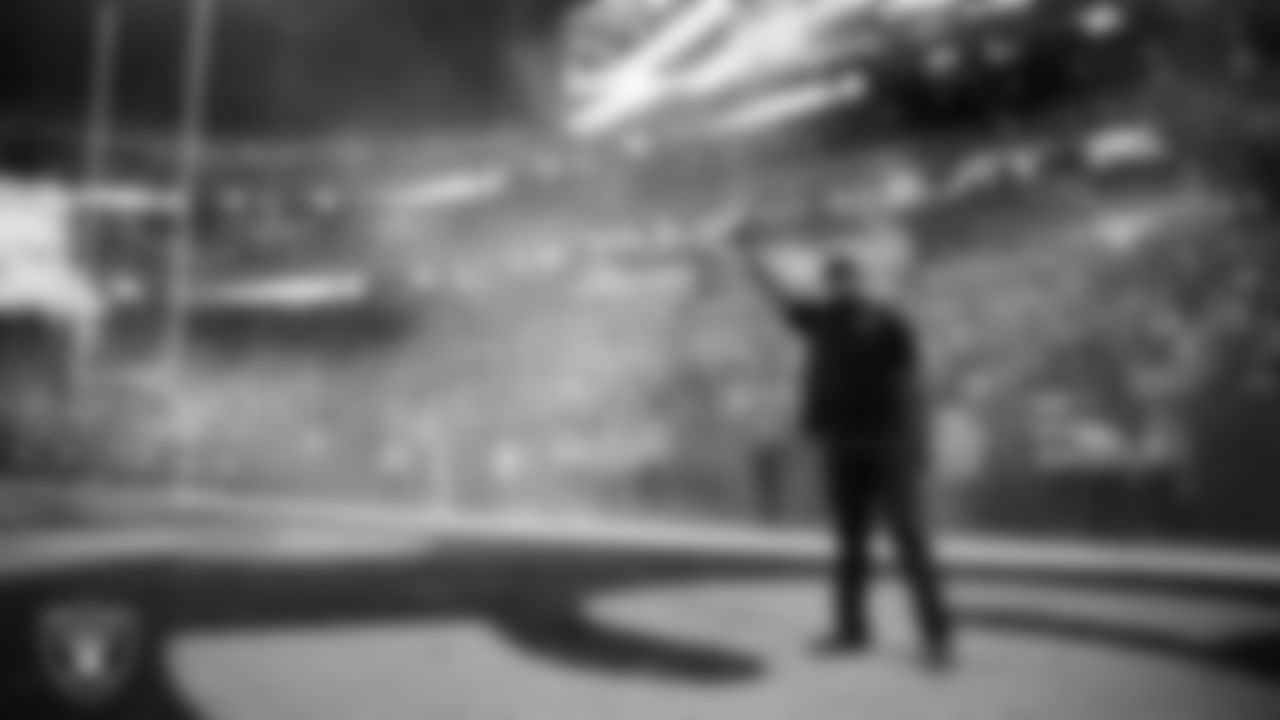 United States Marine Corps Veteran Phellep Snow is honored during a Salute to Service moment during the regular season home game against the Cleveland Browns at Allegiant Stadium.