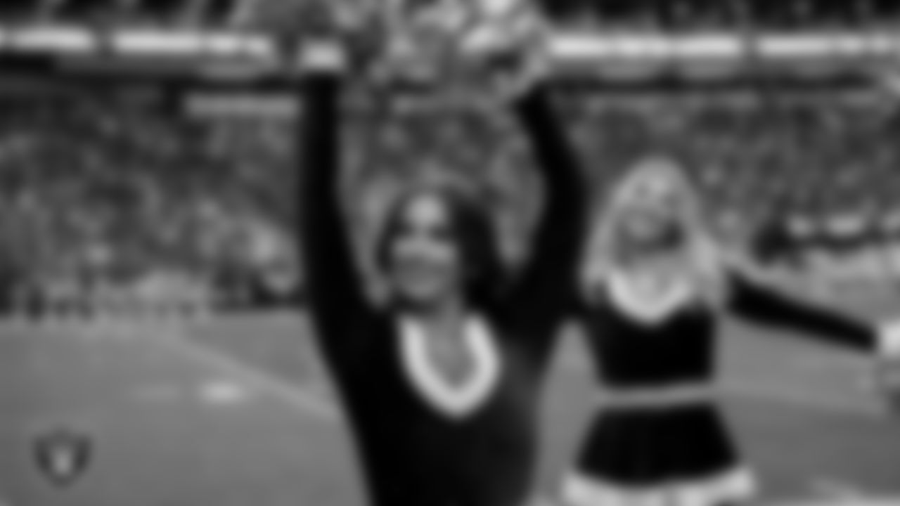 Raiderette Raegen on the sidelines during the regular season home game against the New York Giants at Allegiant Stadium.