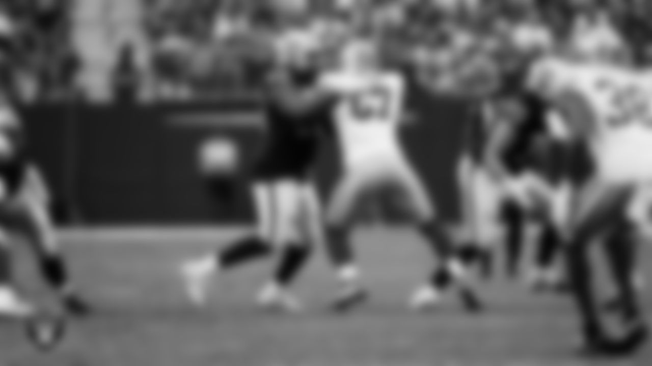 Las Vegas Raiders tackle Gottlieb Ayedze (72) blocks during the preseason home game against the San Francisco 49ers at Allegiant Stadium.