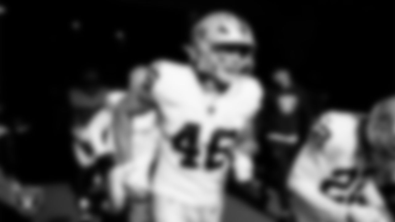 Las Vegas Raiders tight end Carter Runyon (46) as the team is introduced onto the field before the regular season away game against the Los Angeles Chargers at SoFi Stadium.