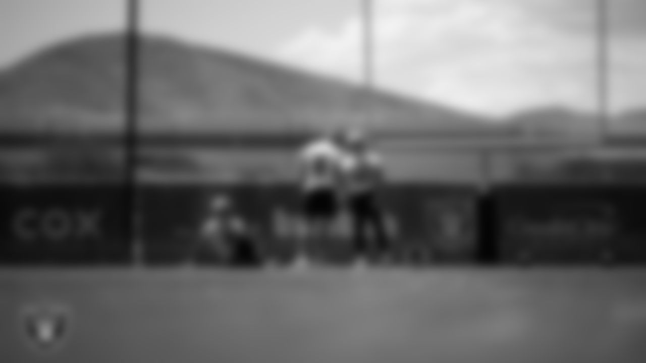 Las Vegas Raiders punter AJ Cole (6), kicker Daniel Carlson (8) and long snapper Jacob Bobenmoyer (50) at an Organized Team Activity (OTA) at Intermountain Health Performance Center.