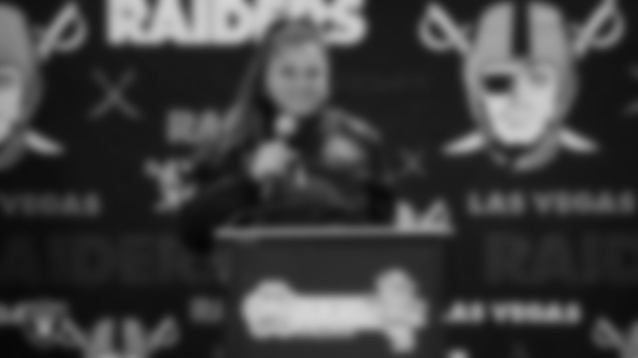 Las Vegas Raiders senior vice president of government and community relations Piper Overstreet-White speaks to students during a Raiders Spirit Day at Richard H. Bryan Elementary School.