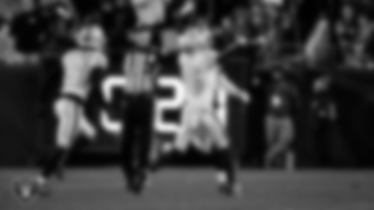 Las Vegas Raiders cornerback Kyu Blu Kelly (36) celebrates after intercepting a pass during the regular season away game against the Denver Broncos at Empower Field at Mile High.