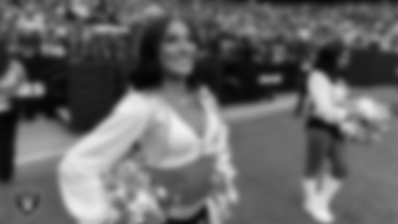 Raiderette Amanda on the sidelines during the preseason home game against the San Francisco 49ers at Allegiant Stadium.