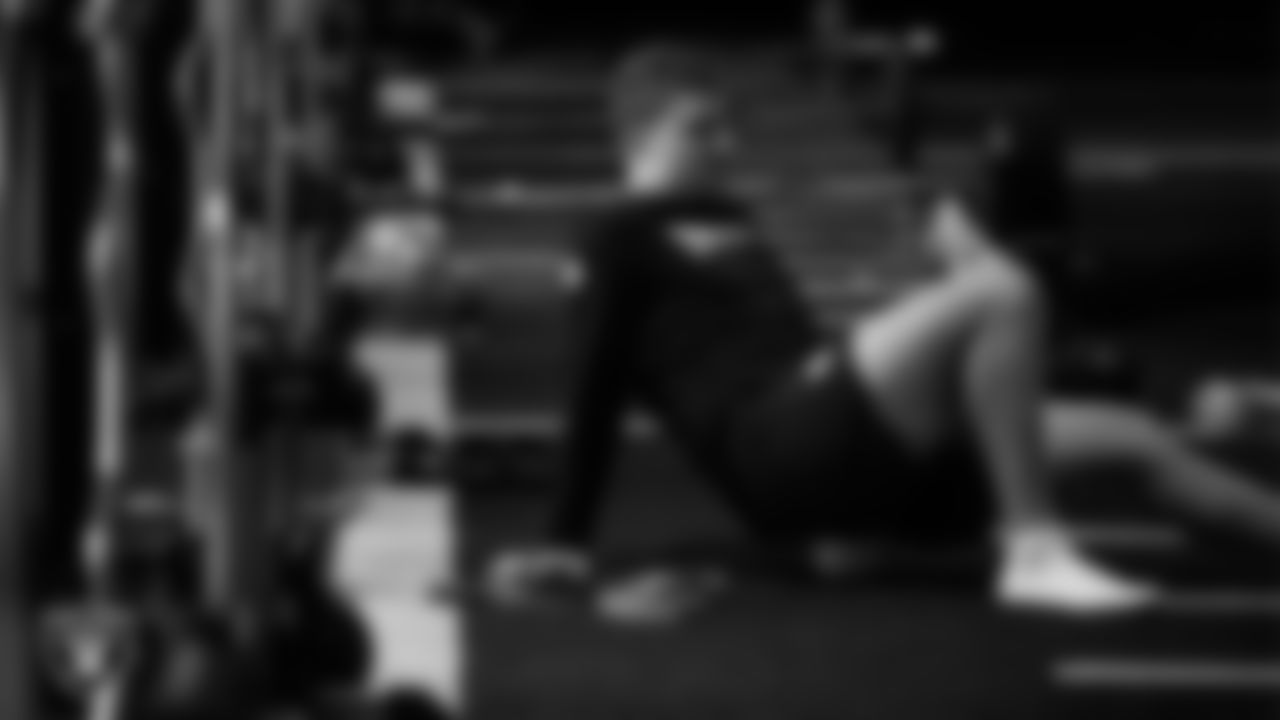 Las Vegas Raiders quarterback Cam Miller (5) in the weight room during practice at Intermountain Health Performance Center.