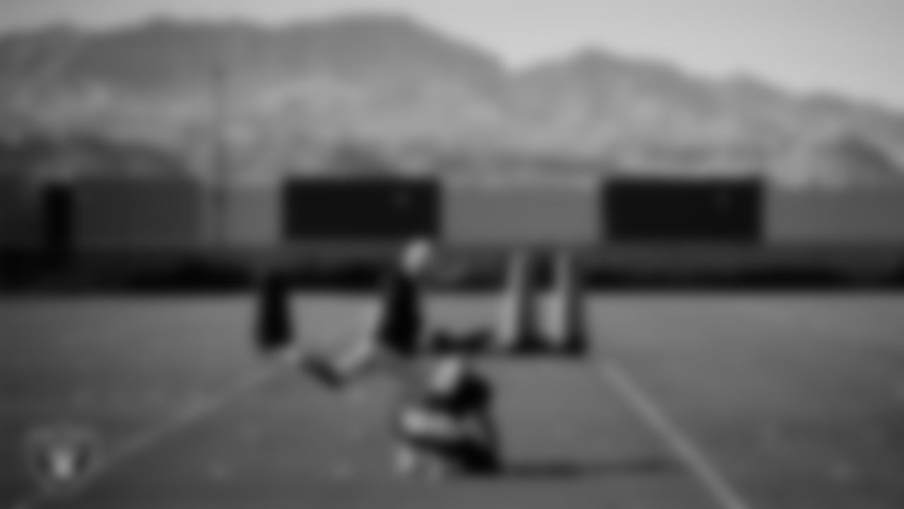 Las Vegas Raiders punter AJ Cole (6) and kicker Daniel Carlson (8) during practice at Intermountain Health Performance Center.