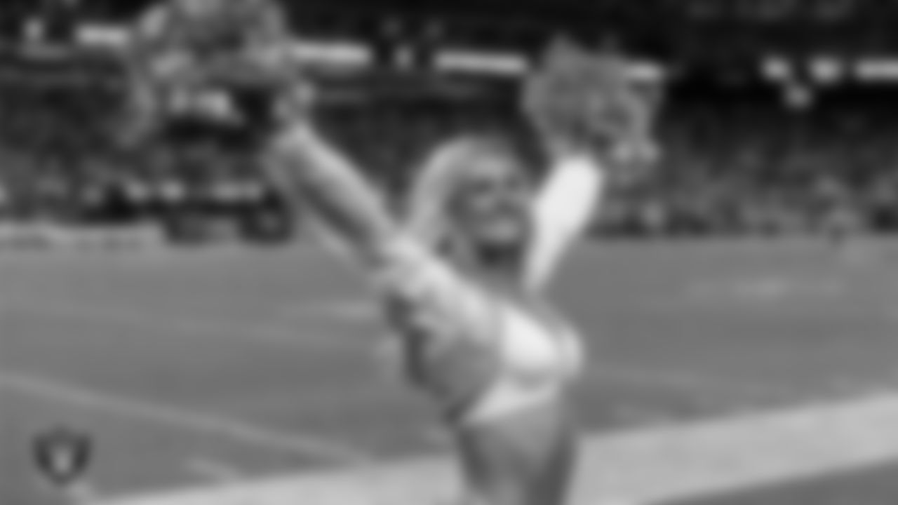 Raiderette Jessica on the sidelines during the regular season home game against the Los Angeles Chargers at Allegiant Stadium.