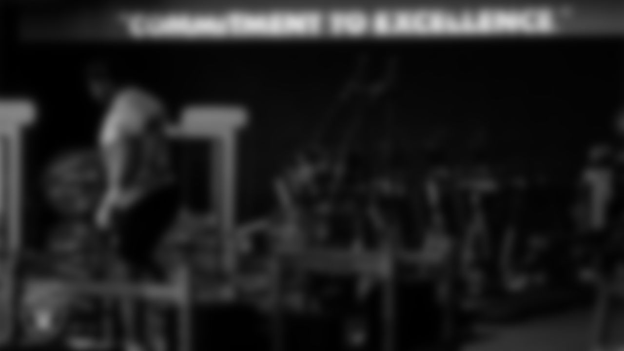"Commitment to Excellence" signage in the weight room before practice at 2025 Training Camp at Intermountain Health Performance Center.