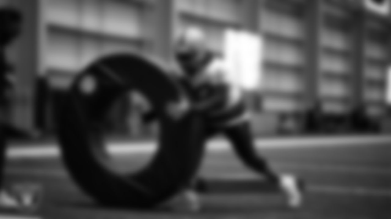 Las Vegas Raiders linebacker Elandon Roberts (52) during practice at Intermountain Health Performance Center.