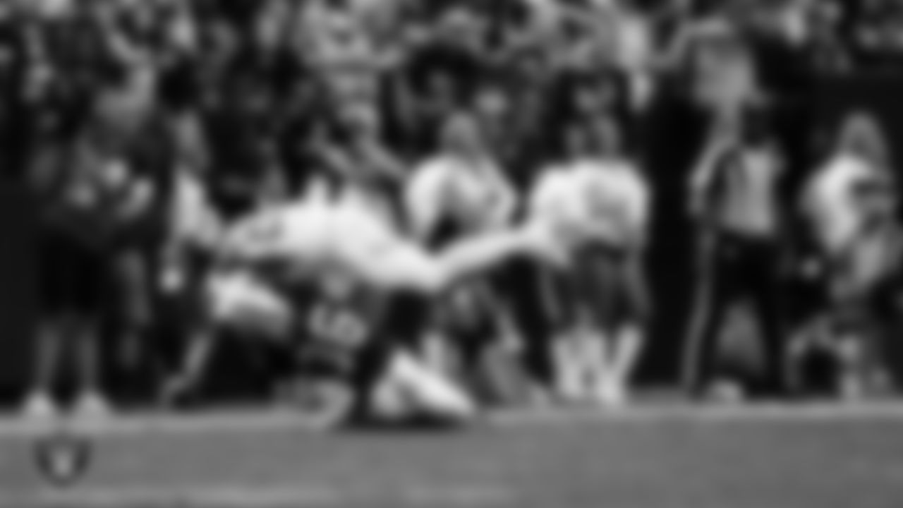 Las Vegas Raiders cornerback Kyu Blu Kelly (36) makes a tackle during the regular season home game against the Tennessee Titans at Allegiant Stadium.