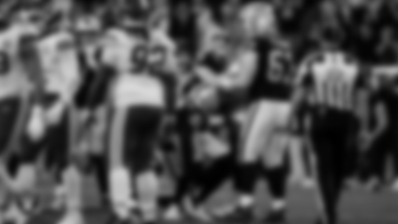Las Vegas Raiders kicker Daniel Carlson (8) celebrates with teammates after kicking a 60-yard field goal during the regular season home game against the Kansas City Chiefs at Allegiant Stadium.