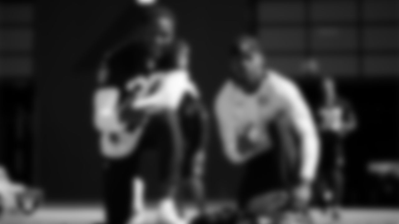 \Las Vegas Raiders cornerback Sam Webb (27) and safety Thomas Harper (34) at a workout during phase two of the offseason program at Intermountain Health Performance Center.