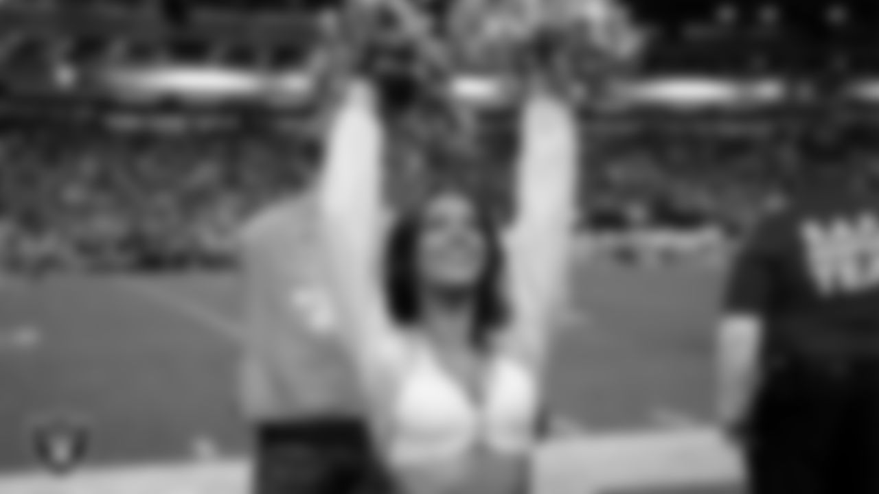 Raiderette Ashtin on the sidelines during the regular season home game against the Kansas City Chiefs at Allegiant Stadium.