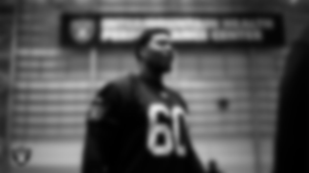 Las Vegas Raiders tackle Charles Grant (60) during practice at Intermountain Health Performance Center.