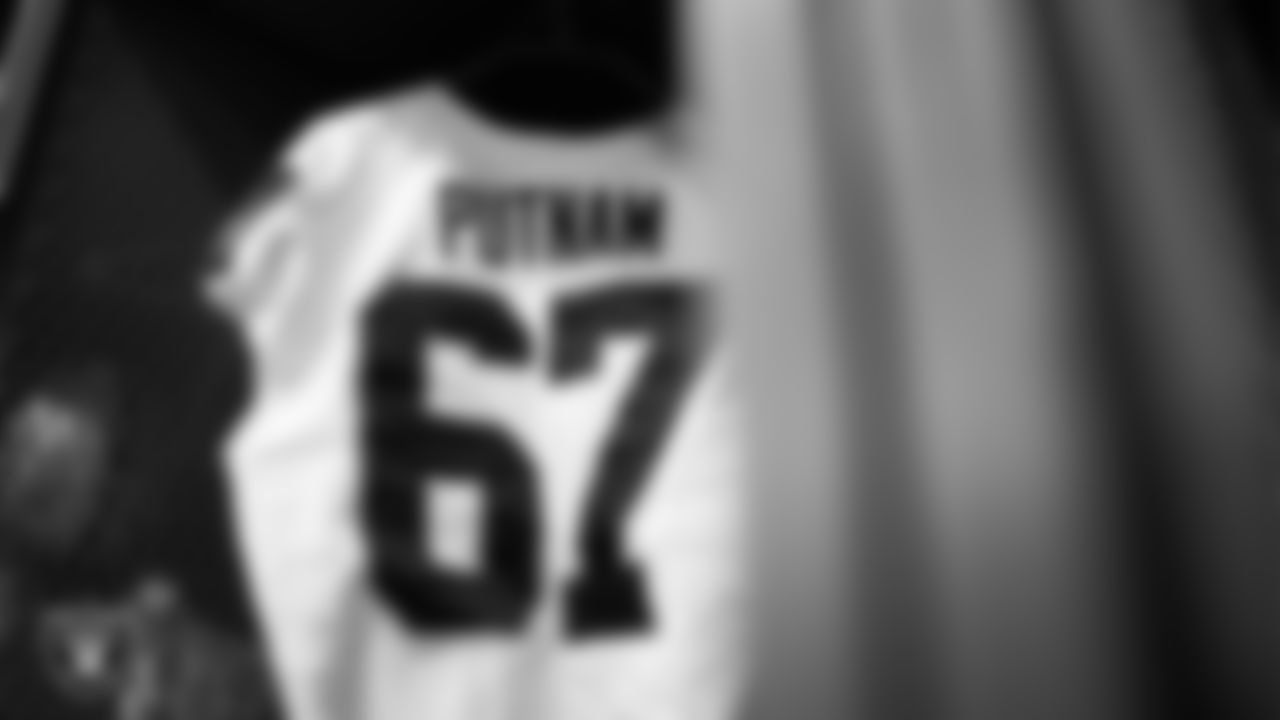Las Vegas Raiders center Will Putnam's (67) jersey in the locker room prior to the Raiders' arrival for their regular season away game against the Philadelphia Eagles at Lincoln Financial Field.