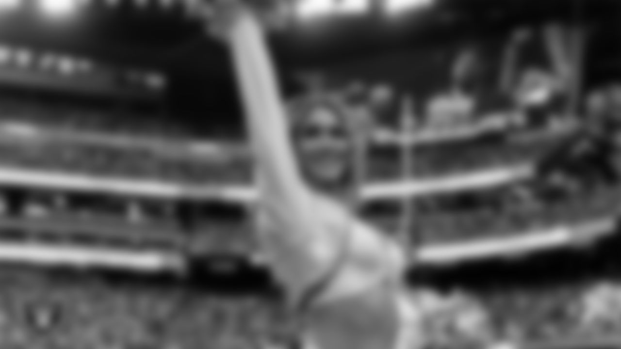 Raiderette Jenna on the sidelines during the preseason home game against the San Francisco 49ers at Allegiant Stadium.