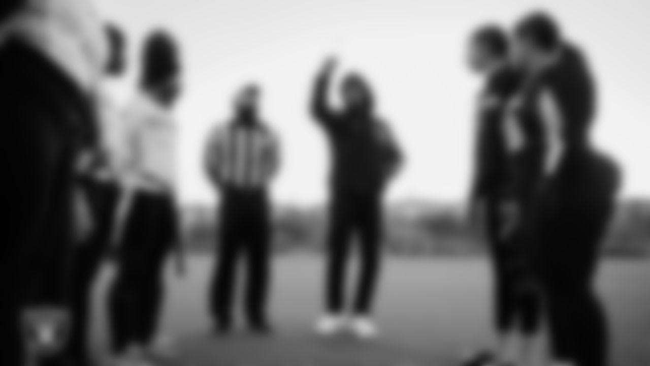 Las Vegas Raiders alumnus Leo Gray during the coin toss before the Raiders' High School Flag Football Showcase game between Doral Academy Red Rock and Democracy Preparatory Academy at Agassi Campus at Doral Academy Red Rock.