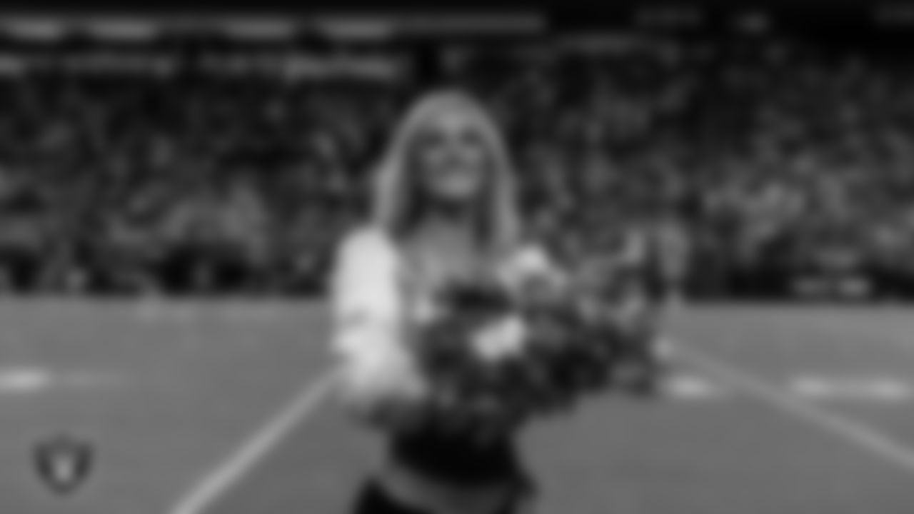 Raiderette Jessica on the sidelines during the regular season home game against the Dallas Cowboys at Allegiant Stadium.