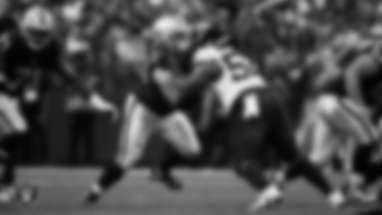 Las Vegas Raiders guard/center Jackson Powers-Johnson (58) blocks during the regular season home game against the Jacksonville Jaguars at Allegiant Stadium.