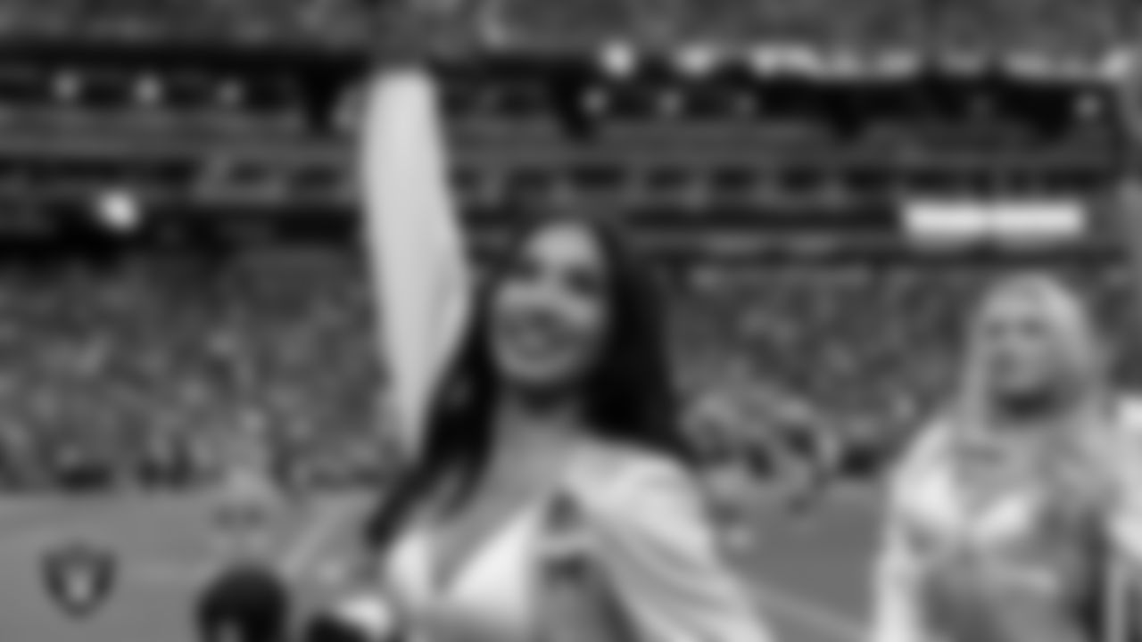 Raiderette Meekela on the sidelines during the regular season home game against the Jacksonville Jaguars at Allegiant Stadium.