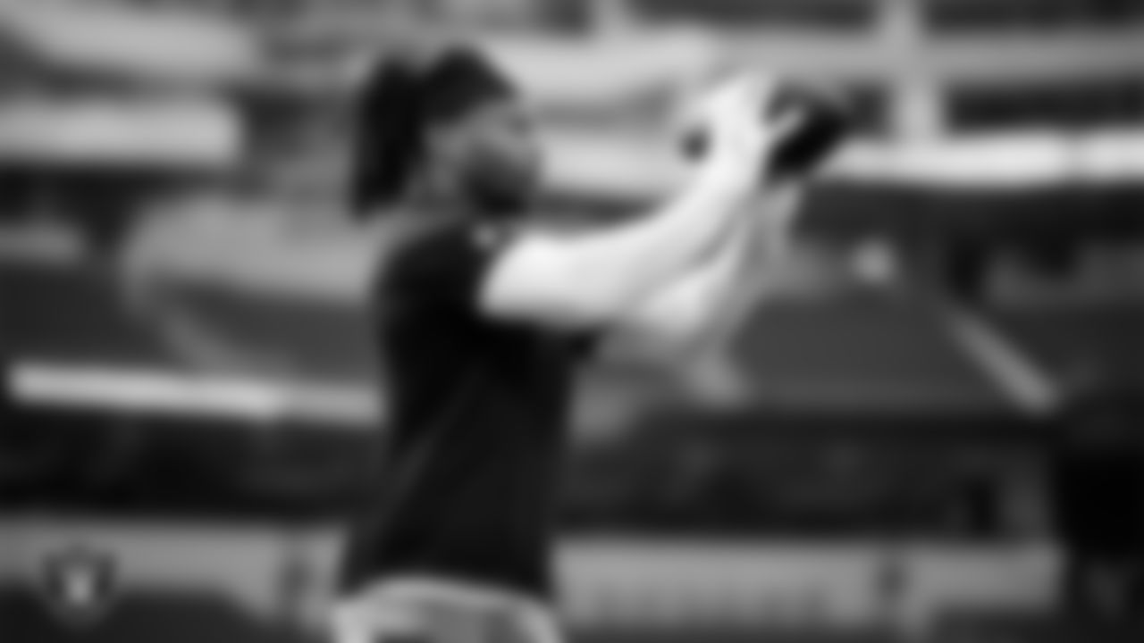 Las Vegas Raiders wide receiver Tre Tucker (1) warming up before the regular season away game against the Los Angeles Chargers at SoFi Stadium.