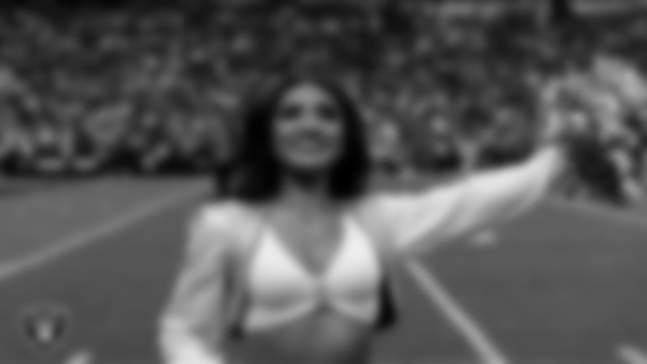Raiderette Sloane on the sidelines during the regular season home game against the Denver Broncos at Allegiant Stadium.