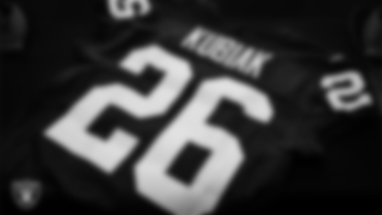 Las Vegas Raiders Head Coach Klint Kubiak's custom jersey following an introductory press conference at Intermountain Health Performance Center.