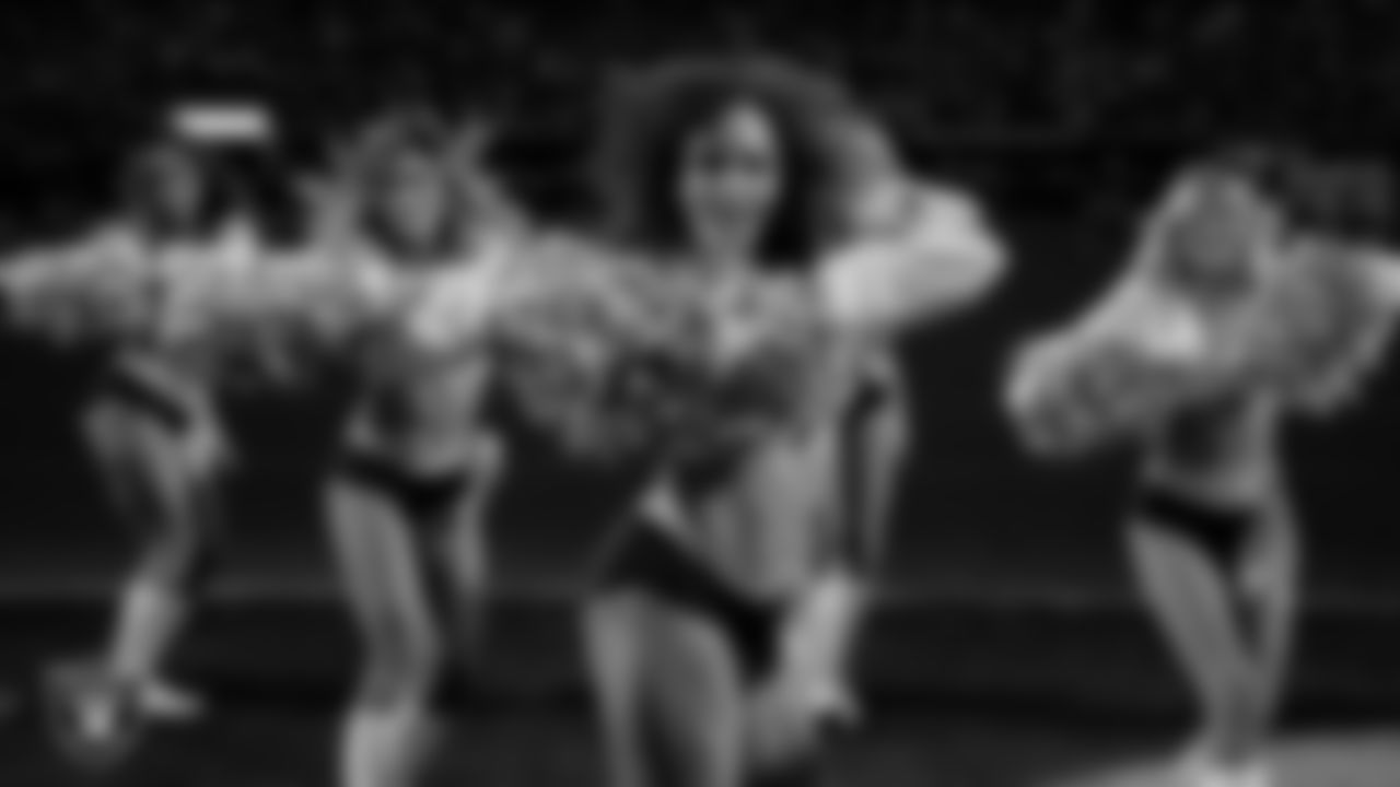 Raiderette Makenna performs on the field during the regular season home game against the Kansas City Chiefs at Allegiant Stadium.