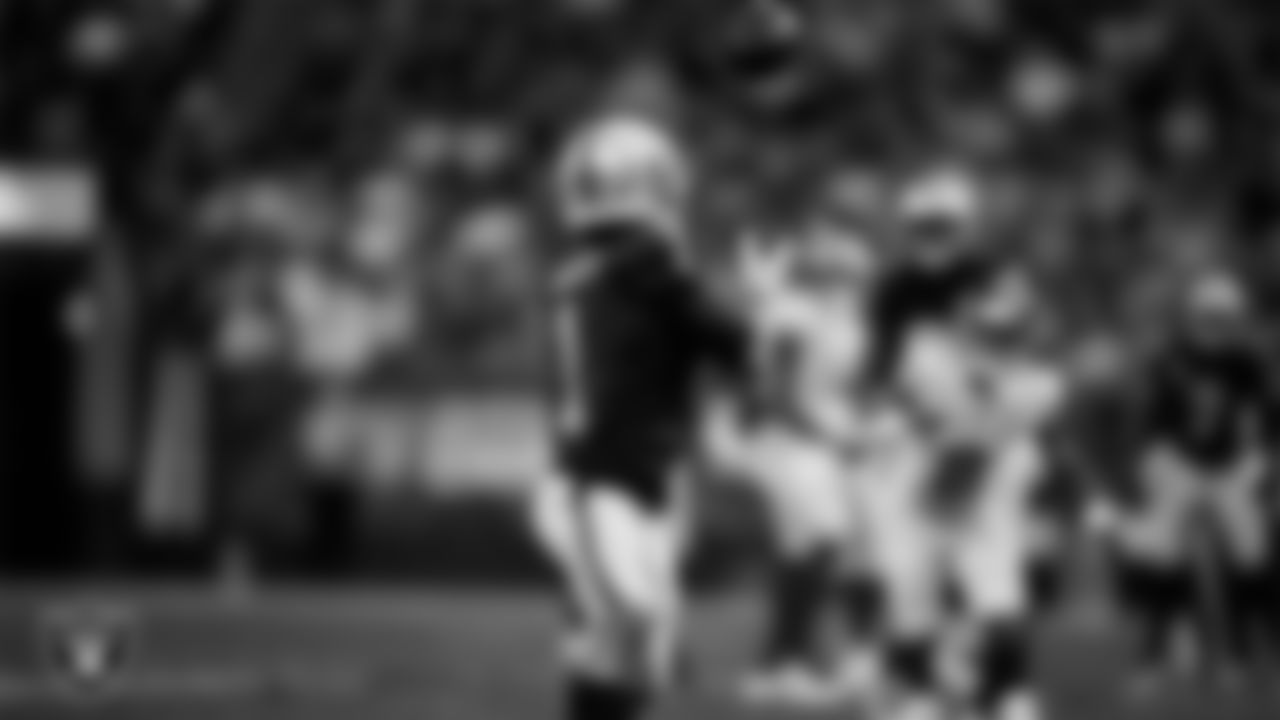 Las Vegas Raiders wide receiver Tre Tucker (1) goes for a catch during the regular season home game against the New York Giants at Allegiant Stadium.