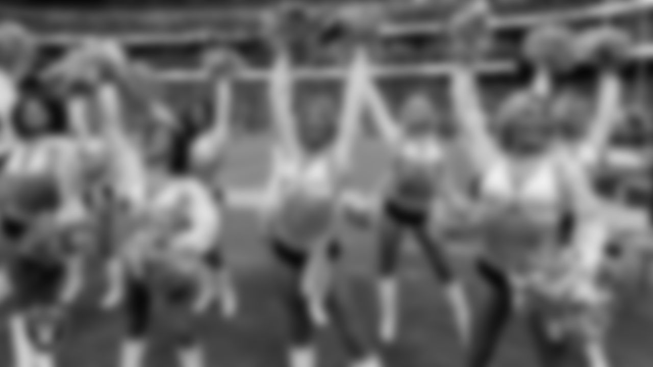 The Raiderettes on the sidelines during the regular season home game against the Tennessee Titans at Allegiant Stadium.
