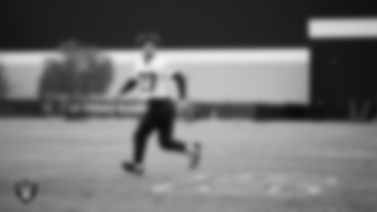 Las Vegas Raiders safety Tristin McCollum (27) during practice at Intermountain Health Performance Center.