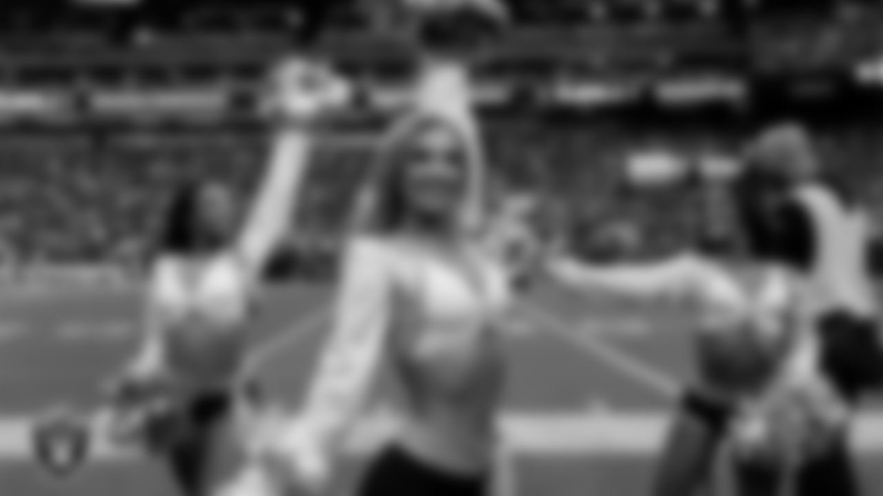 Raiderette Taylor on the sidelines during the regular season home game against the Jacksonville Jaguars at Allegiant Stadium.