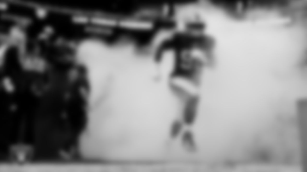 Las Vegas Raiders defensive tackle Jonah Laulu (96) as the team is introduced onto the field before the regular season home game against the New York Giants at Allegiant Stadium.